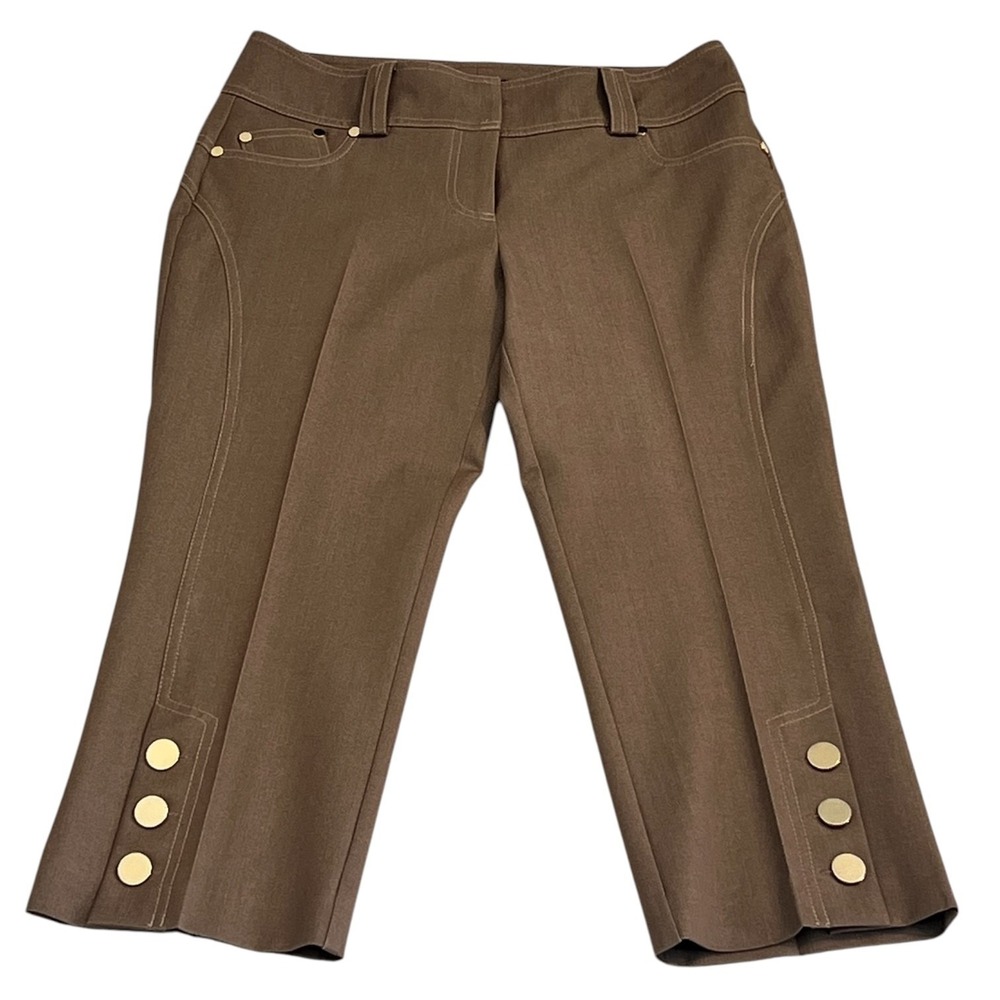 Cache Contour Brown Capri Pants Gold Button Hem Size 6